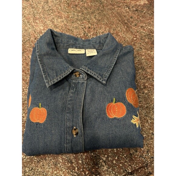 Vintage Cherokee button up denim shirt Flowers granny top embroidery size 22W - Picture 6 of 6